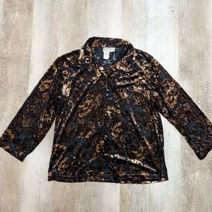 Coldwater Creek Black & Gold Velvet Long Sleeve Button Down Shirt Sheer